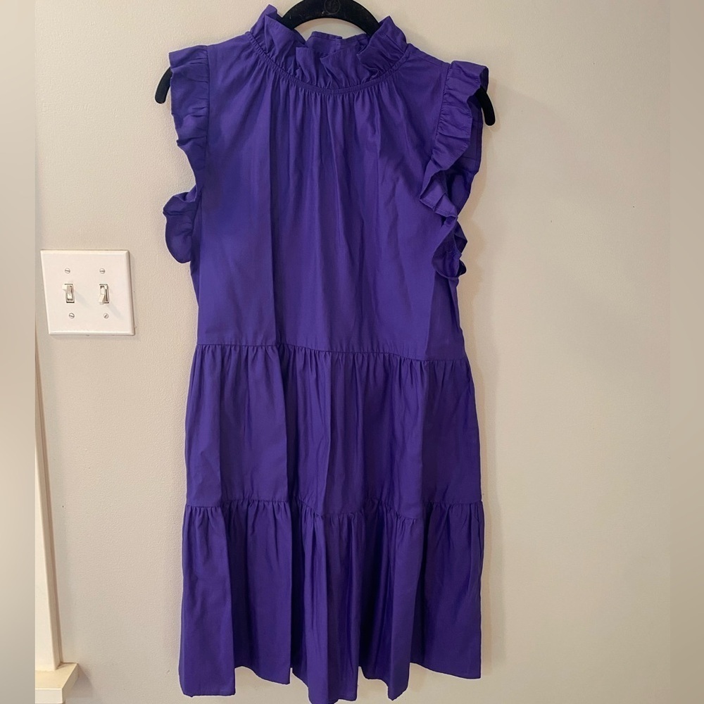 Felicite smocked midi tiered dress. Sateen cotton in deep purple. Ruffled neck - Picture 2 of 7